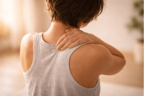 A woman suffers from shoulder pain
